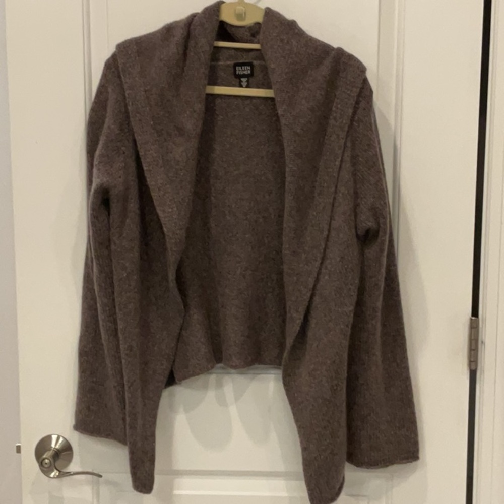 Eileen Fisher Brown Cardigan Sweater with Draped Collar Medium